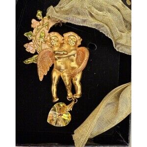 Kirks Folly Cherubs Hug Pendant Doubled Sided Moon Green Silk Hanger Ornament